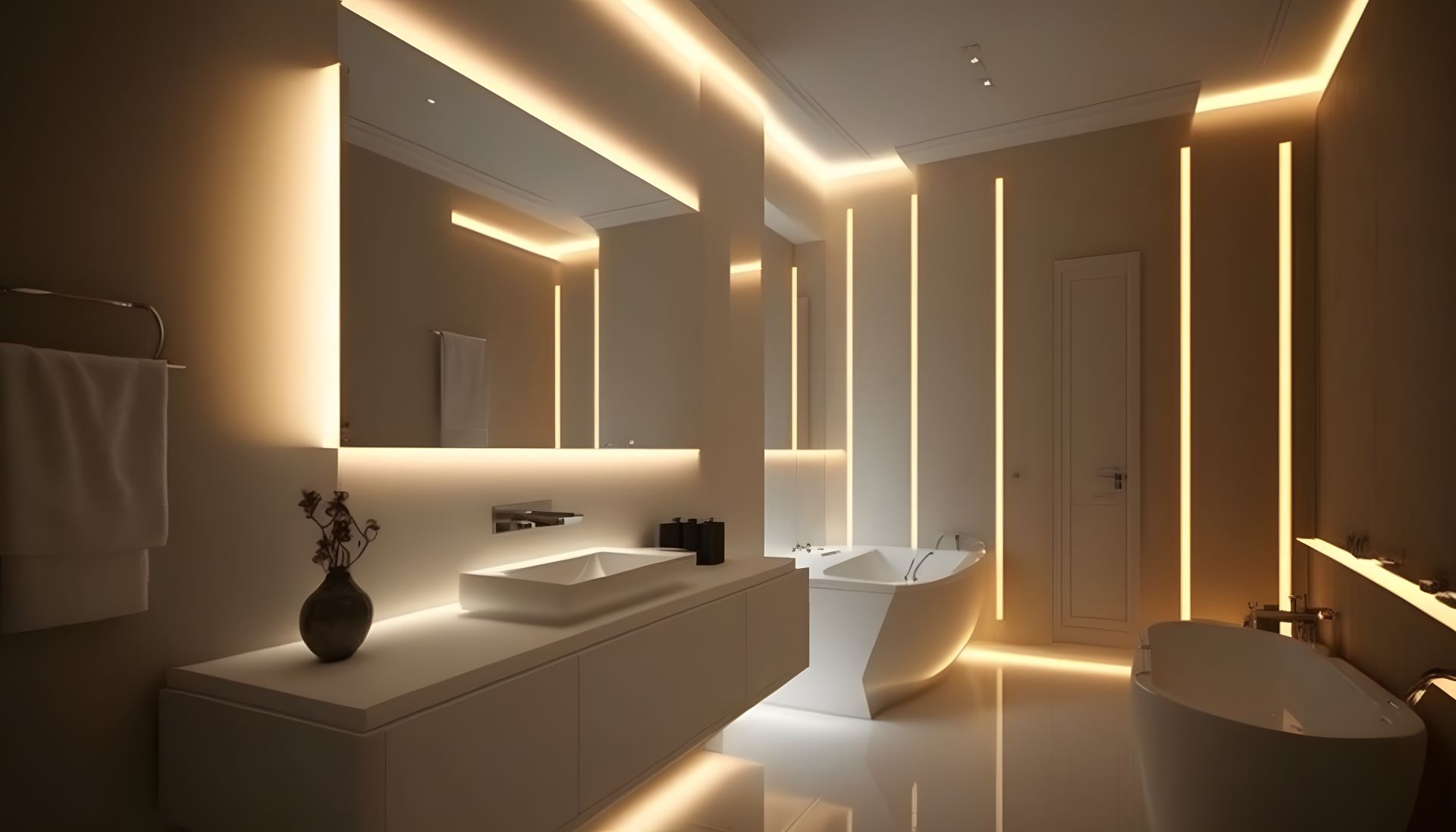 Modernes Badezimmer mit eleganter LED-Beleuchtung, freistehender Badewanne und stilvollen Waschtischarmaturen, die einen luxuriösen und zeitgemäßen Look erzeugen.