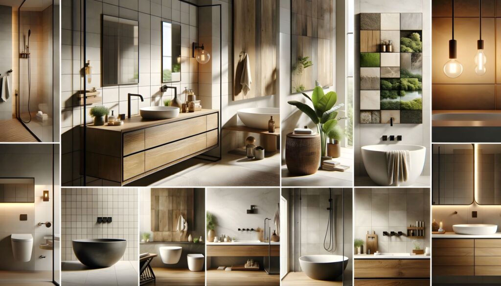 Collage von modernen Badezimmerdesigns mit stilvollen Waschtischarmaturen, natürlichen Materialien, minimalistischen Möbeln und eleganter Beleuchtung.