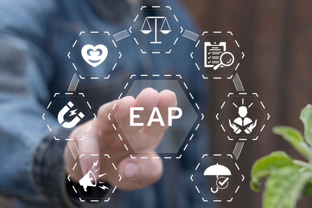 Visualisierung von EAP-Strukturen mit Icons für Gesundheit, Gerechtigkeit und Unterstuetzung 