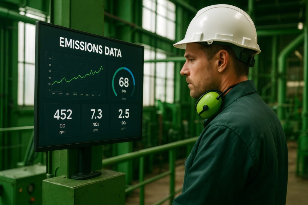 Emissionsdaten auf Monitor im Werk | Lötrauchabsaugung