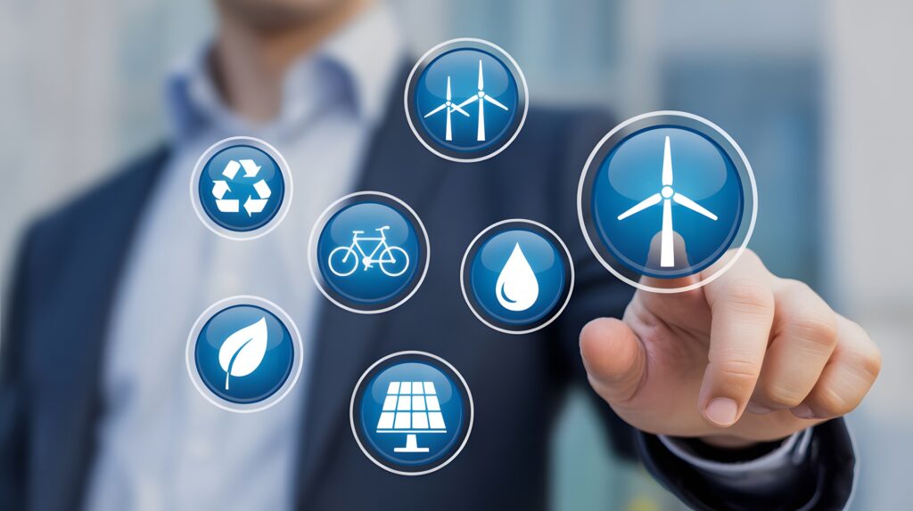 Finger beruehrt Symbole fuer nachhaltige Energieformen | Solaranlage Jena