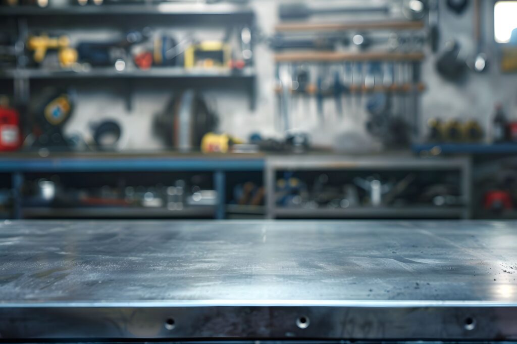 Metallische Werkbank in einer professionellen Werkstattumgebung mit unscharfem Werkzeug-Hintergrund