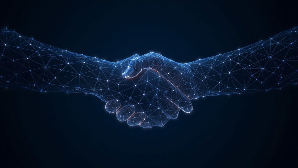 Zwei digital vernetzte Hände beim Händedruck als Symbol für Vertrauen und Technologie