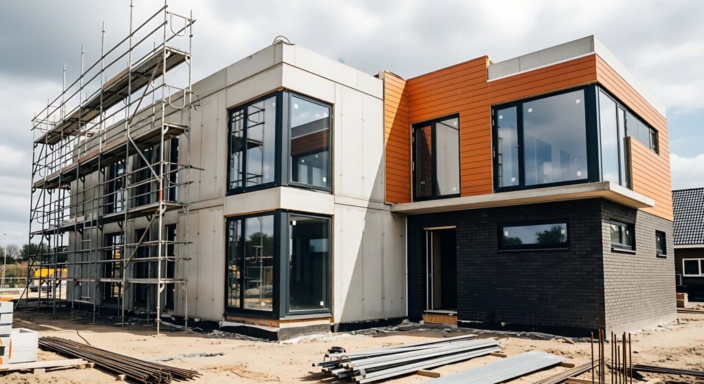 Außenansicht eines modernen Hauses im Bau mit Gerüst und gemischten Materialien wie Beton, Holz und Ziegel.