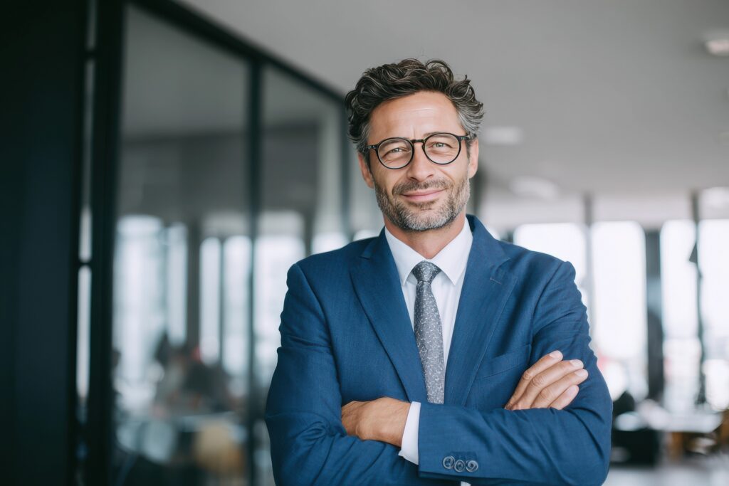 Selbstbewusster Mann mit Brille und Anzug im Büro | Ponytail Extensions